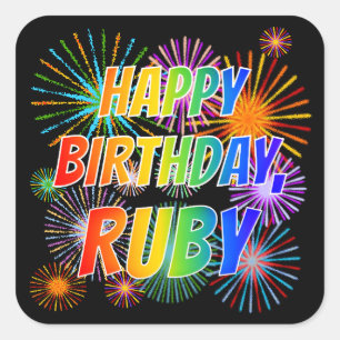 First Name "RUBY", Fun "HAPPY BIRTHDAY" Square Sticker