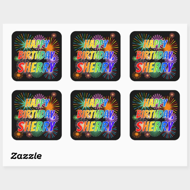 First Name "SHERRY", Fun "HAPPY BIRTHDAY" Square Sticker (Sheet)