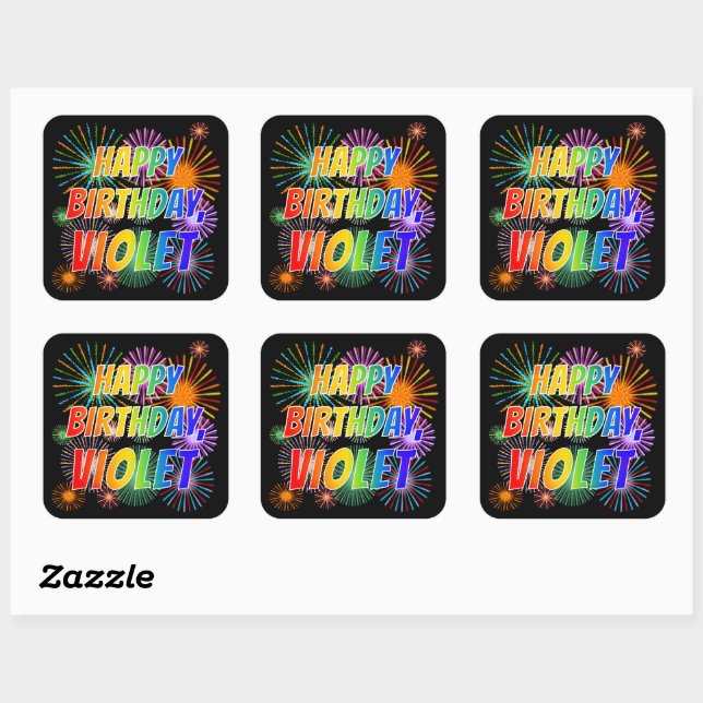 First Name "VIOLET", Fun "HAPPY BIRTHDAY" Square Sticker (Sheet)
