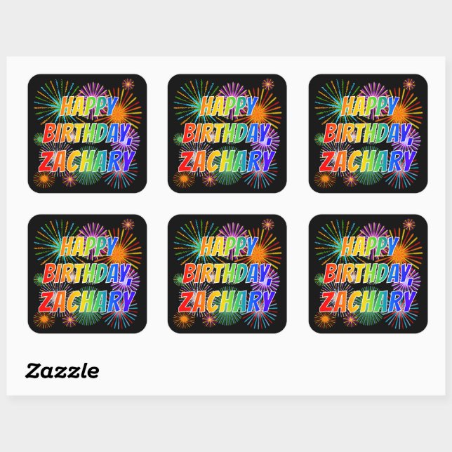 First Name "ZACHARY", Fun "HAPPY BIRTHDAY" Square Sticker (Sheet)