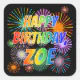 First Name "ZOE", Fun "HAPPY BIRTHDAY" Square Sticker | Zazzle