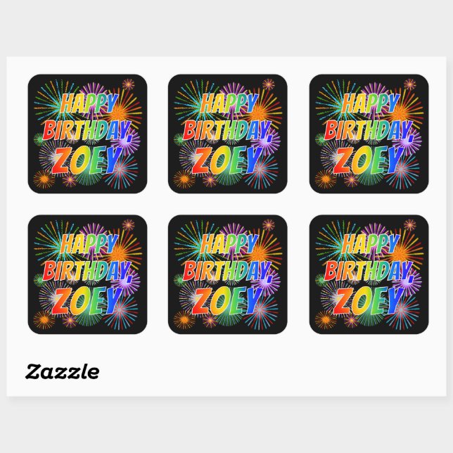 First Name "ZOEY", Fun "HAPPY BIRTHDAY" Square Sticker (Sheet)
