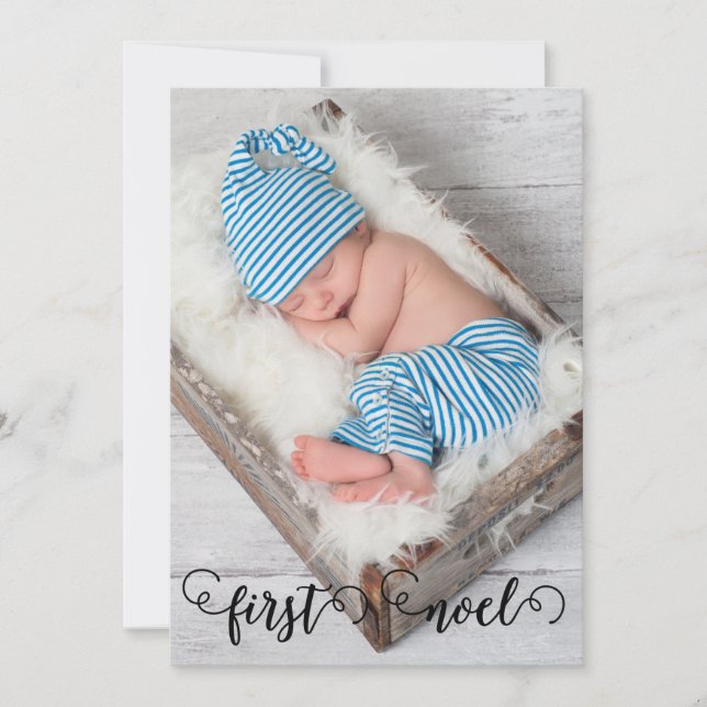 First Noel Baby Christmas Tag Rustic Photo Card (Front)