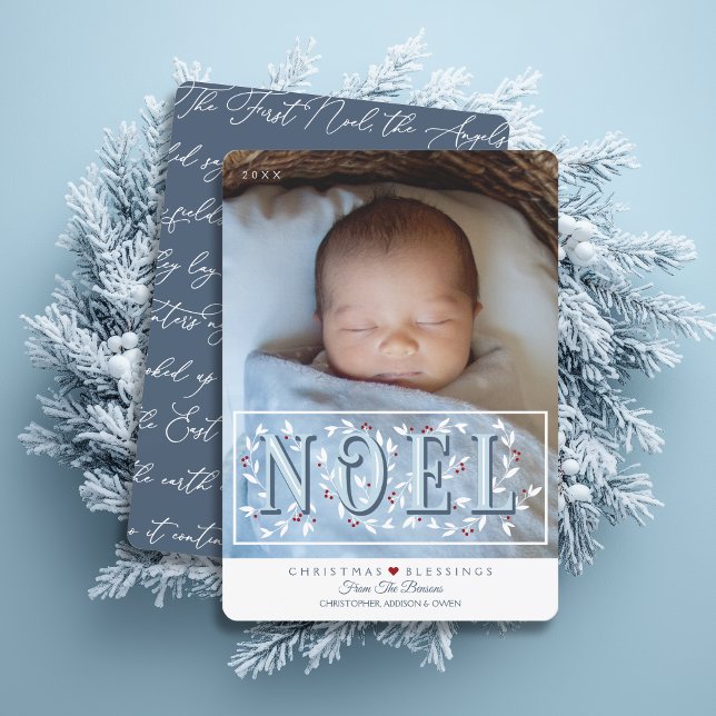 First Noel Overlay Baby Photo Christmas Card (Shown on a 5" x 7" card with rounded corners)