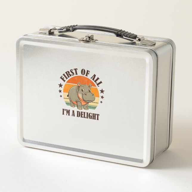 First Of All I'm a Delight Baby Hippo Moo Deng Lon Metal Lunch Box (Front)