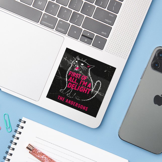 First Of All I'm A Delight Roaring Black Cat Sticker (Laptop w/ iPhone)