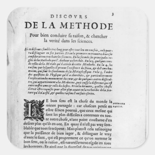 First page of Discours de la Methode by Rene Square Sticker