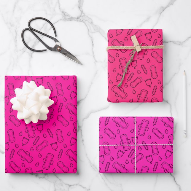 First Period Party Hot Pink Tampon Pad Pattern Wrapping Paper Sheets (Front)