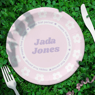First Period Party Pink Flower Pattern Name Paper Plates