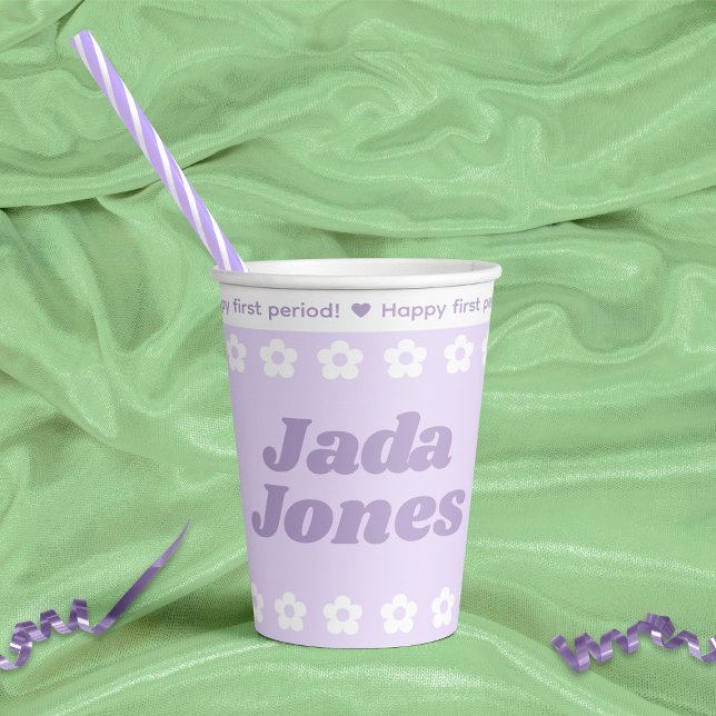 First Period Party Purple Cartoon Flower Pattern Paper Cups (In Situ)