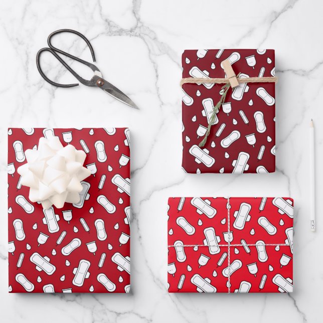 First Period Party Red White Tampon Pad Pattern Wrapping Paper Sheets (Front)