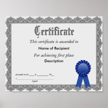 First Place Blue Ribbon Certificate Poster by jetglo at Zazzle