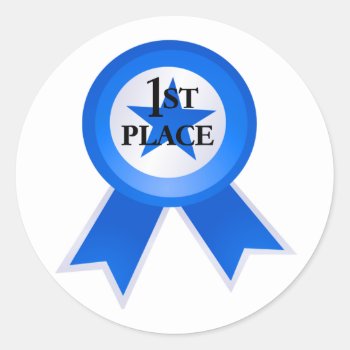 First Place Blue Ribbon Classic Round Sticker by goldnsun at Zazzle