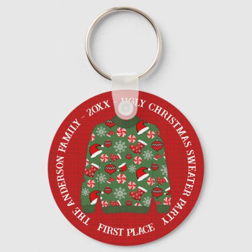 First Place Red Green Ugly Christmas Sweater Party Keychain