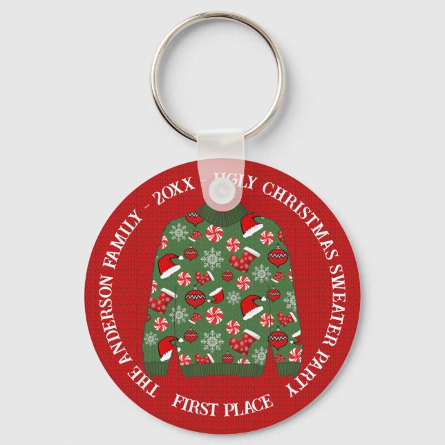 First Place Red Green Ugly Christmas Sweater Party Keychain (Front)