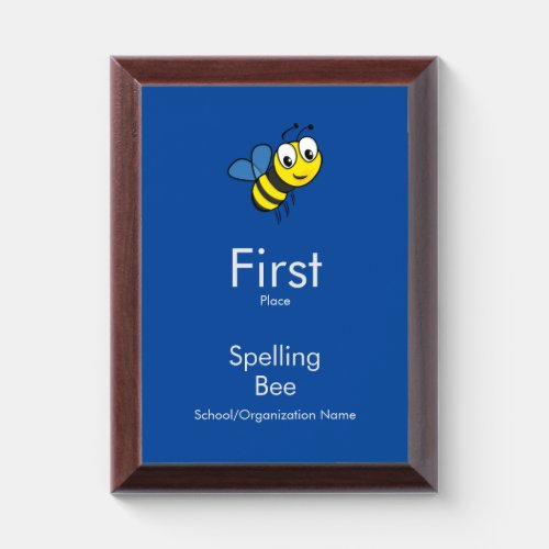 First Place Spelling Bee with Honeybee and Text Award Plaque