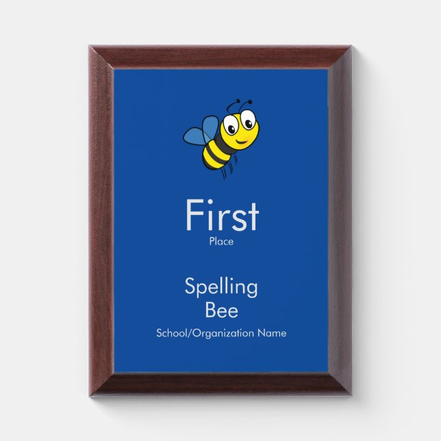 First Place Spelling Bee with Honeybee and Text Award Plaque (Vertical)