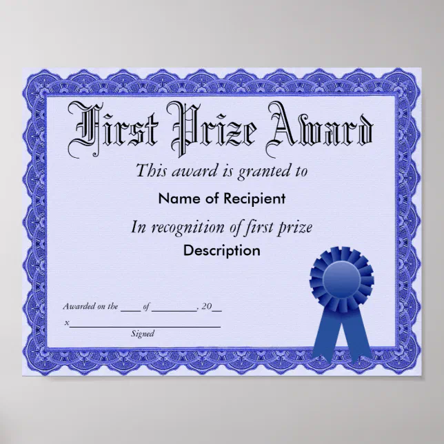 First Prize Blue Ribbon Award Poster | Zazzle