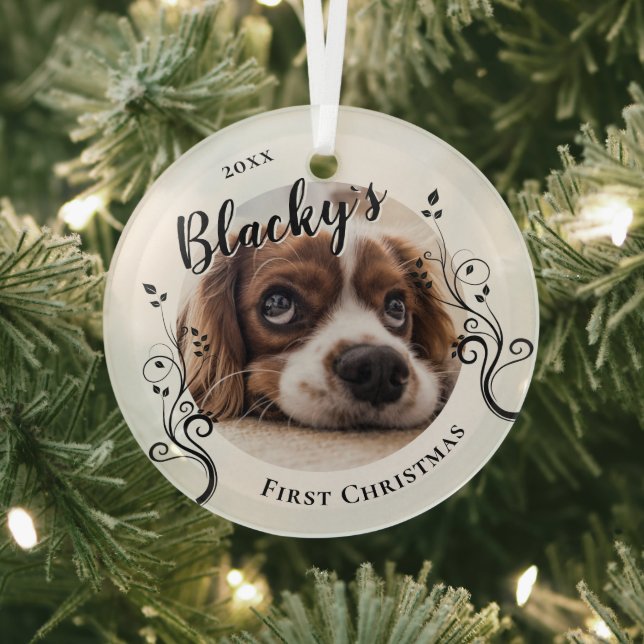 First Puppy Christmas Foliage Dog Name Photo  Glass Ornament (Insitu)