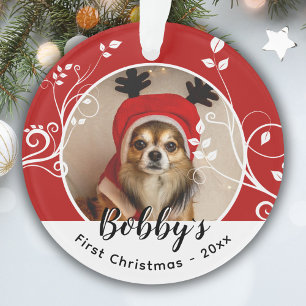 First Puppy Christmas Foliage Dog Name Photo Red Ornament