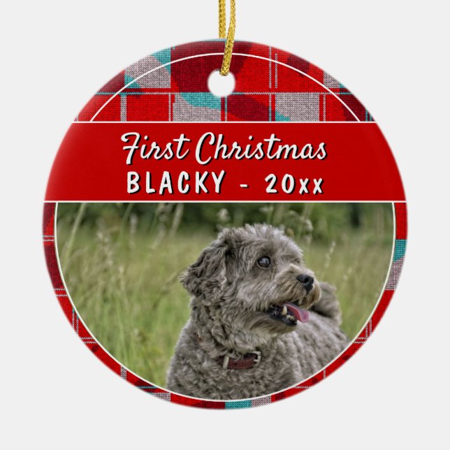 First Puppy Christmas Red Plaid Dog Photo Ceramic Ornament (Front)