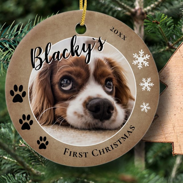 First Puppy Christmas Rustic Dog Name Photo  Ceramic Ornament (Creator Uploaded)