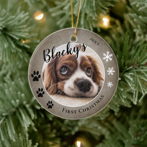 First Puppy Christmas Rustic Dog Name Photo  Ceramic Ornament