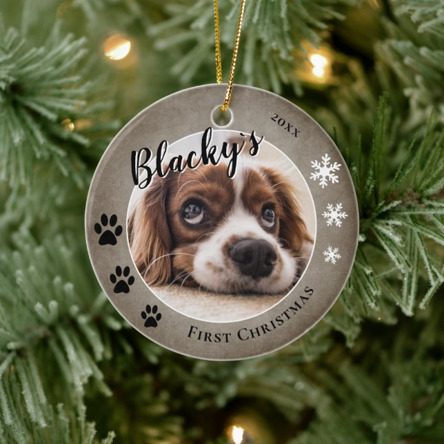 First Puppy Christmas Rustic Dog Name Photo  Ceramic Ornament (Tree)