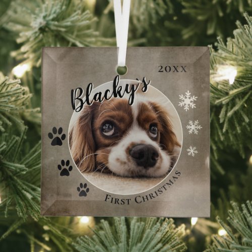 First Puppy Christmas Rustic Dog Name Photo  Glass Ornament