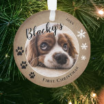 First Puppy Christmas Rustic Dog Name Photo Ornament<br><div class="desc">Cute First Puppy Christmas Rustic Dog Name and Photo Ornament. The background is rustic beige with white snowflakes and black paw prints. Personalize the ornament with your dog`s photo, name and year of birth - insert your favorite puppy photo. You can use this custom ornament for any pet. A lovely...</div>