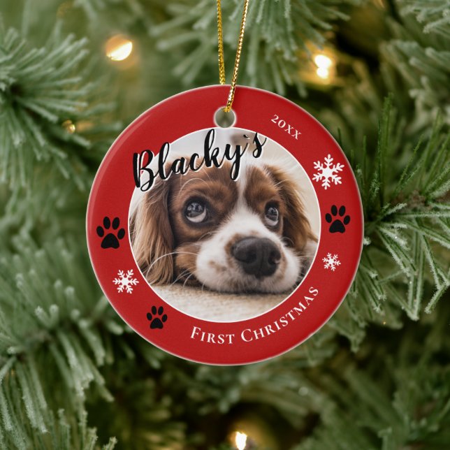 First Puppy Christmas Rustic Dog Name Photo Red Ceramic Ornament (Tree)