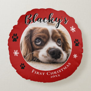First Puppy Christmas Rustic Dog Name Photo Red Round Pillow