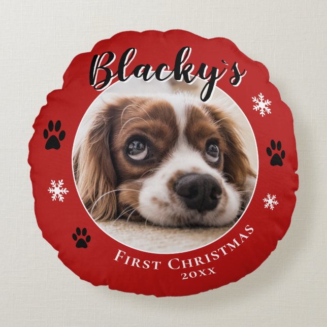 First Puppy Christmas Rustic Dog Name Photo Red  Round Pillow (Front)