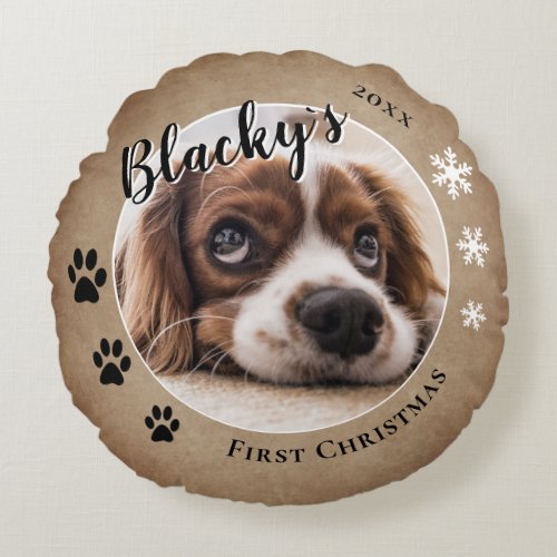 First Puppy Christmas Rustic Dog Name Photo Round Pillow