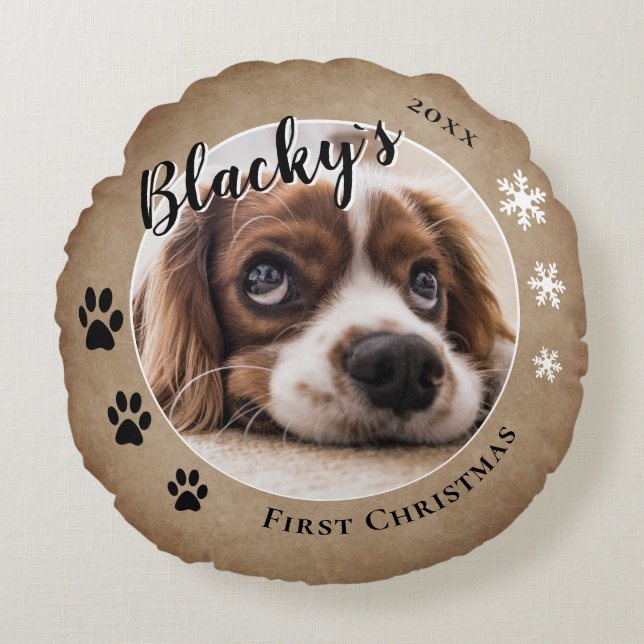 First Puppy Christmas Rustic Dog Name Photo Round Pillow (Front)
