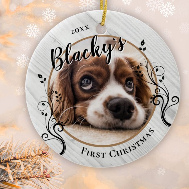 First Puppy Christmas Wood Foliage Dog Name Photo  Ceramic Ornament (Creator Uploaded)