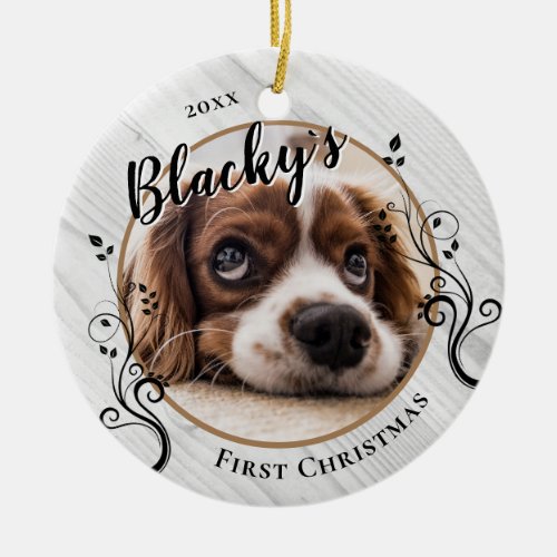 First Puppy Christmas Wood Foliage Dog Name Photo  Ceramic Ornament