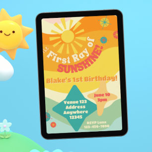 First Ray of Sunshine, Colorful Sun 1st Birthday Invitation