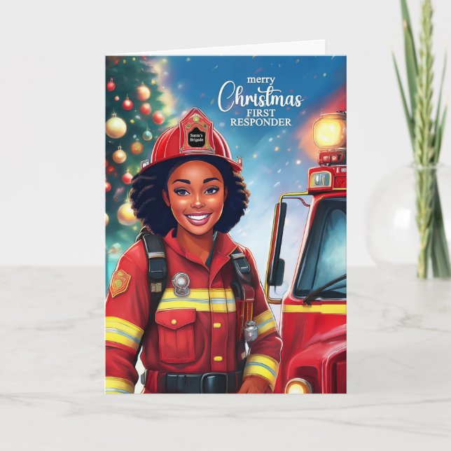 First Responder Black Female Firefighter Christmas Holiday Card (Front)