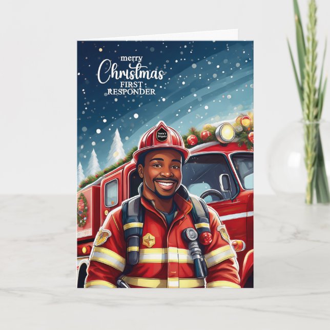 First Responder Black Male Firefighter Christmas Holiday Card (Front)