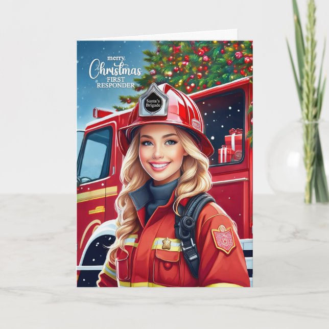 First Responder Female Firefighter Christmas Holiday Card (Front)