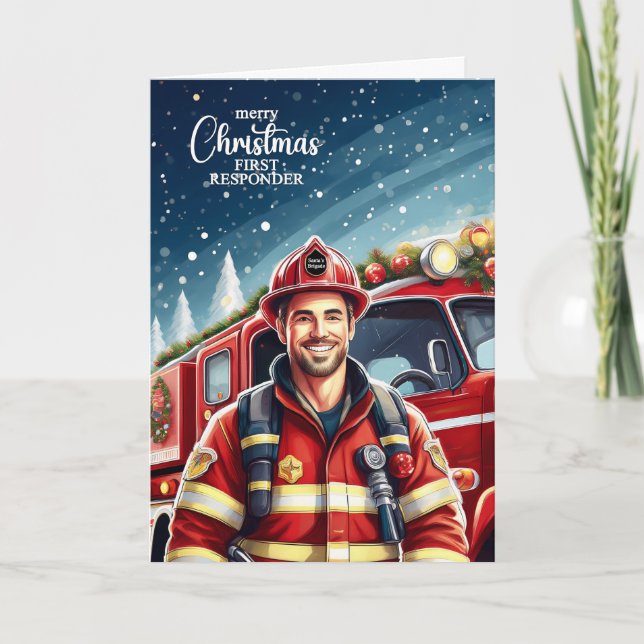 First Responder Male Firefighter Christmas Holiday Card (Front)