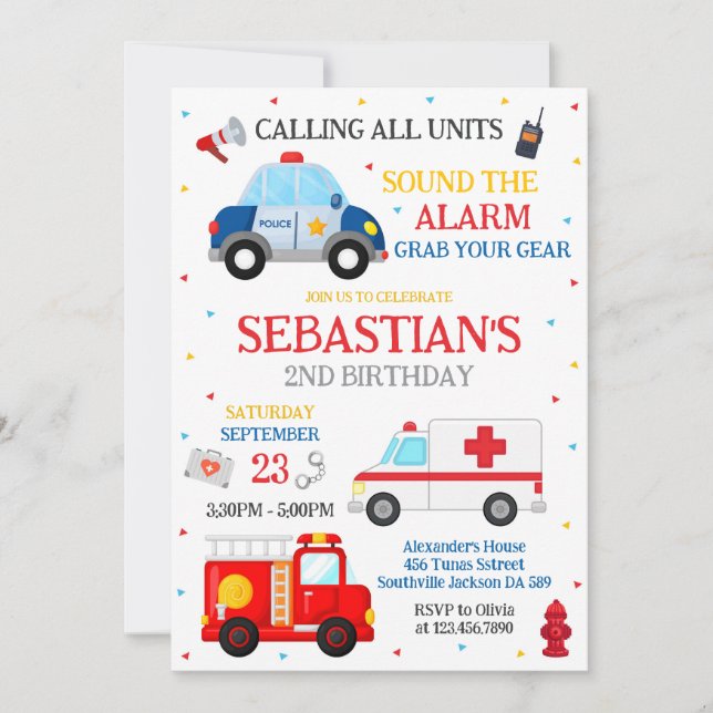 First Responders Emergency Vehicles Birthday Invitation (Front)