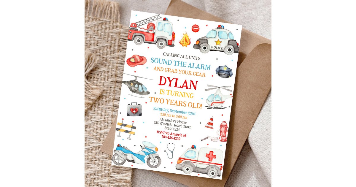 First Responders Emergency Vehicles Birthday Invitation | Zazzle