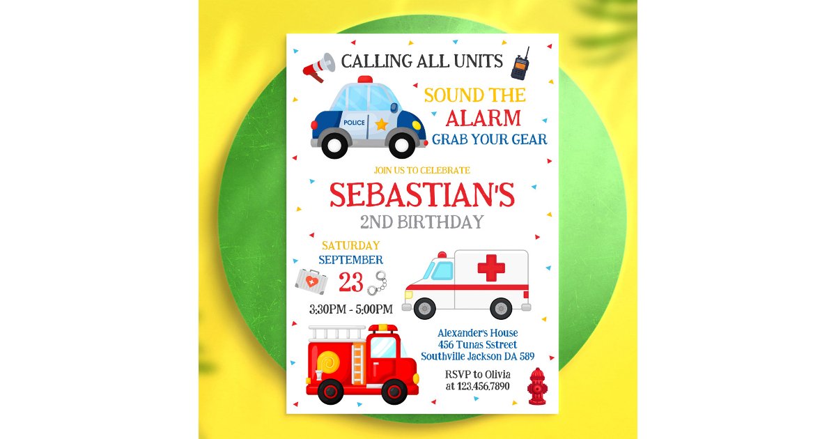 First Responders Emergency Vehicles Birthday Invitation | Zazzle