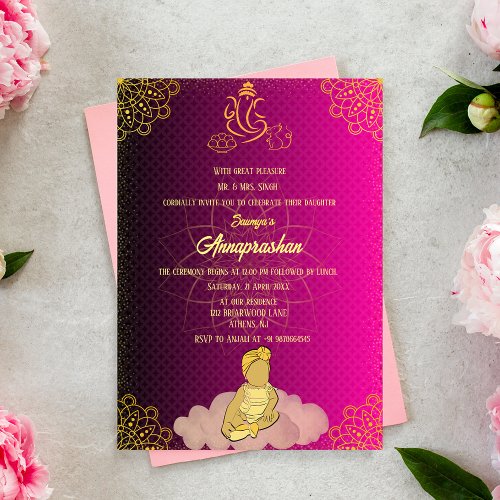 First Rice Annaprashan Indian Baby Image Pink Invitation