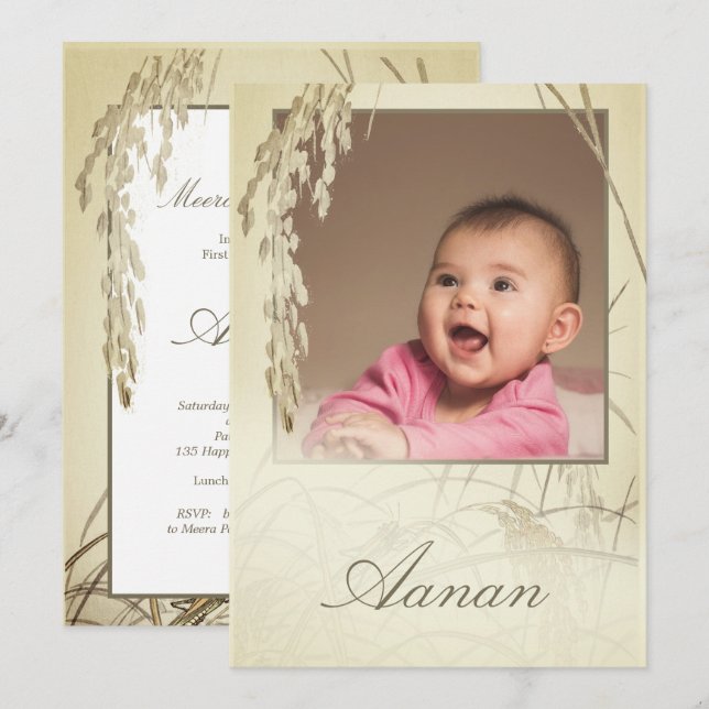 First Rice Ceremony Rice Plant Photo Gold Invitation (Front/Back)