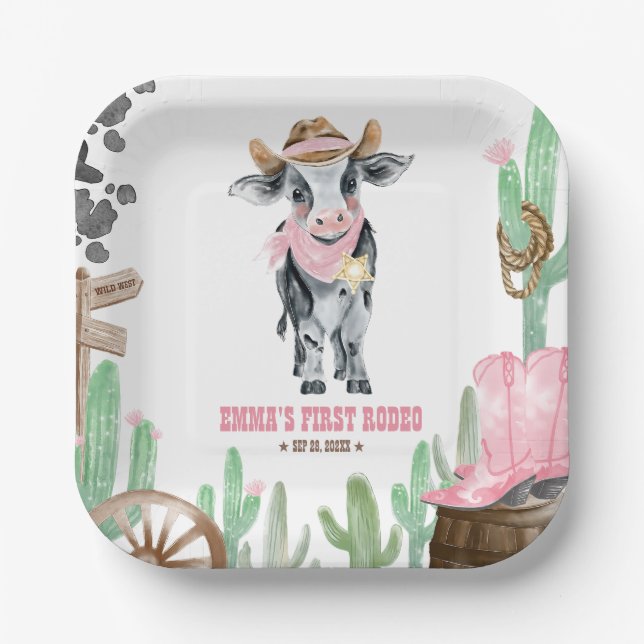 First Rodeo 1st Birthday Baby Cow Paper Plates (Front)