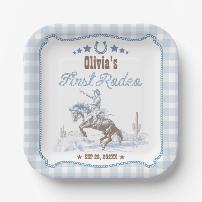 First Rodeo 1st Birthday Blue Western Paper Plates (Front)