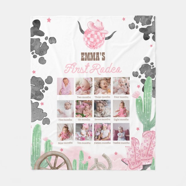 First Rodeo 1st Birthday Boho Wild West Photo Sign Fleece Blanket (Front)